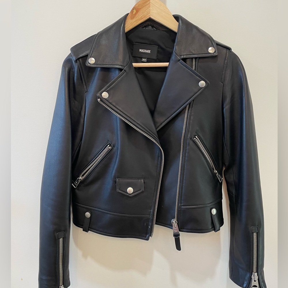 Women black leather Mackage jacket.
